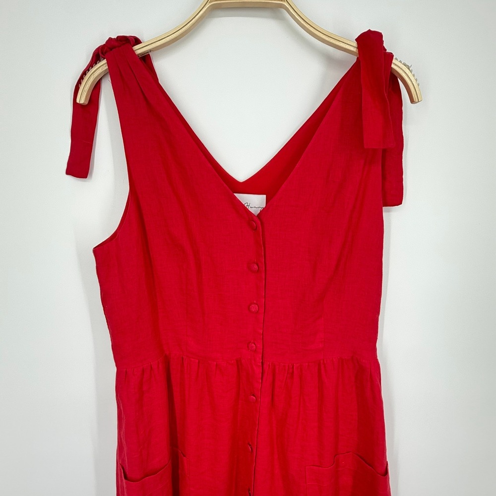 Charles Henry Midi Dress Womens Large Red Linen Tie Shoulder Button Front - Picture 3 of 11